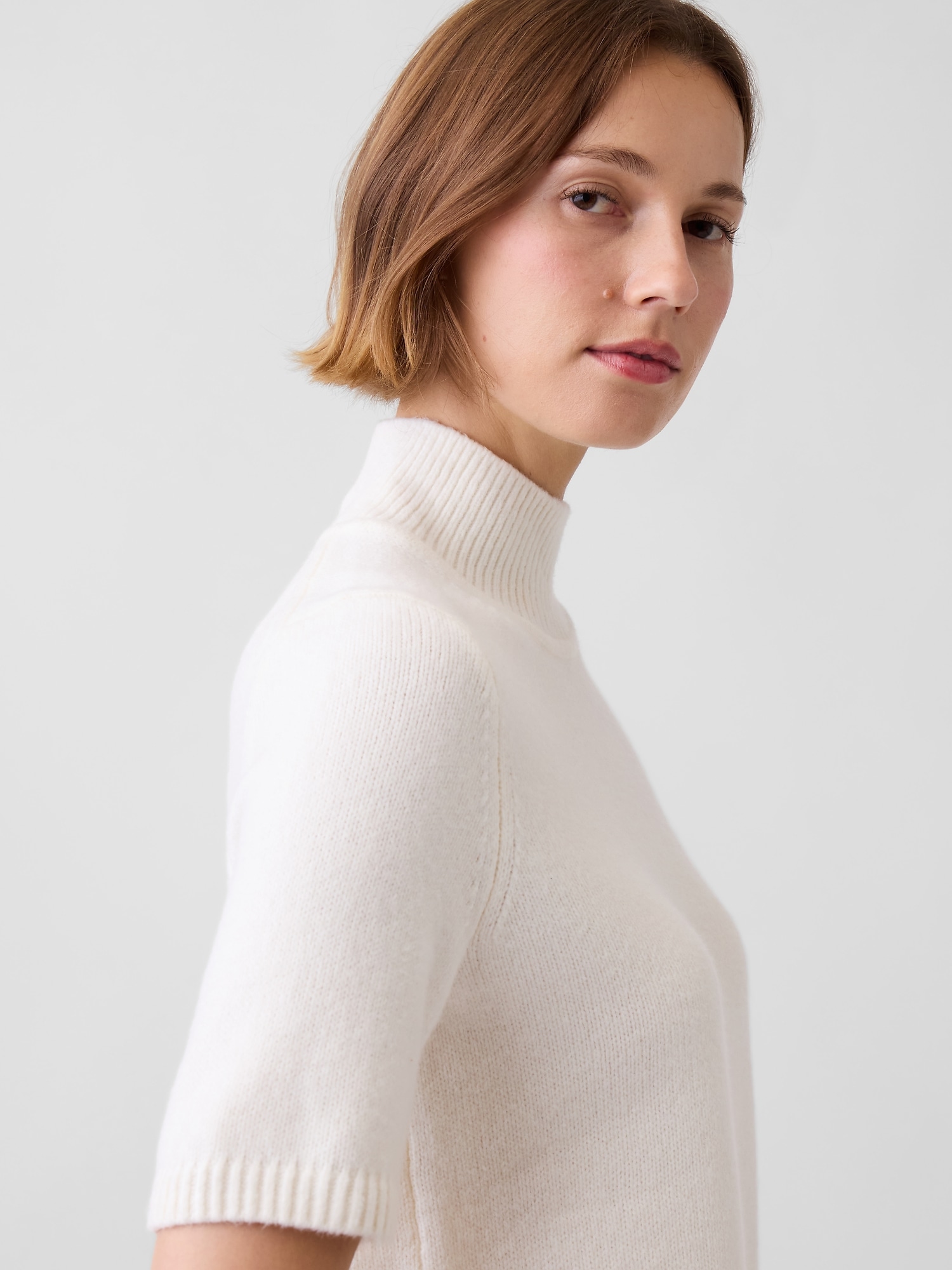 CashSoft Mockneck Elbow-Sleeve Sweater