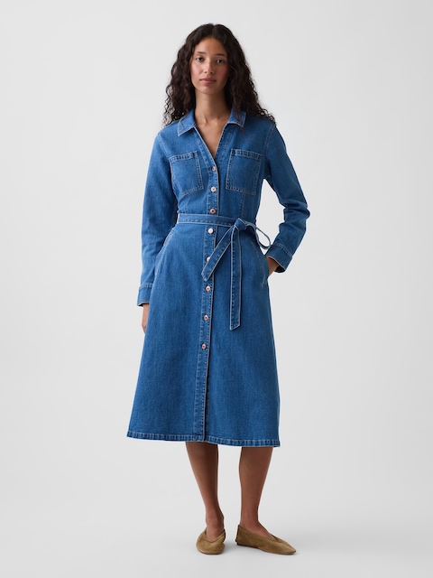 Denim Tie-Belt Midi Dress
