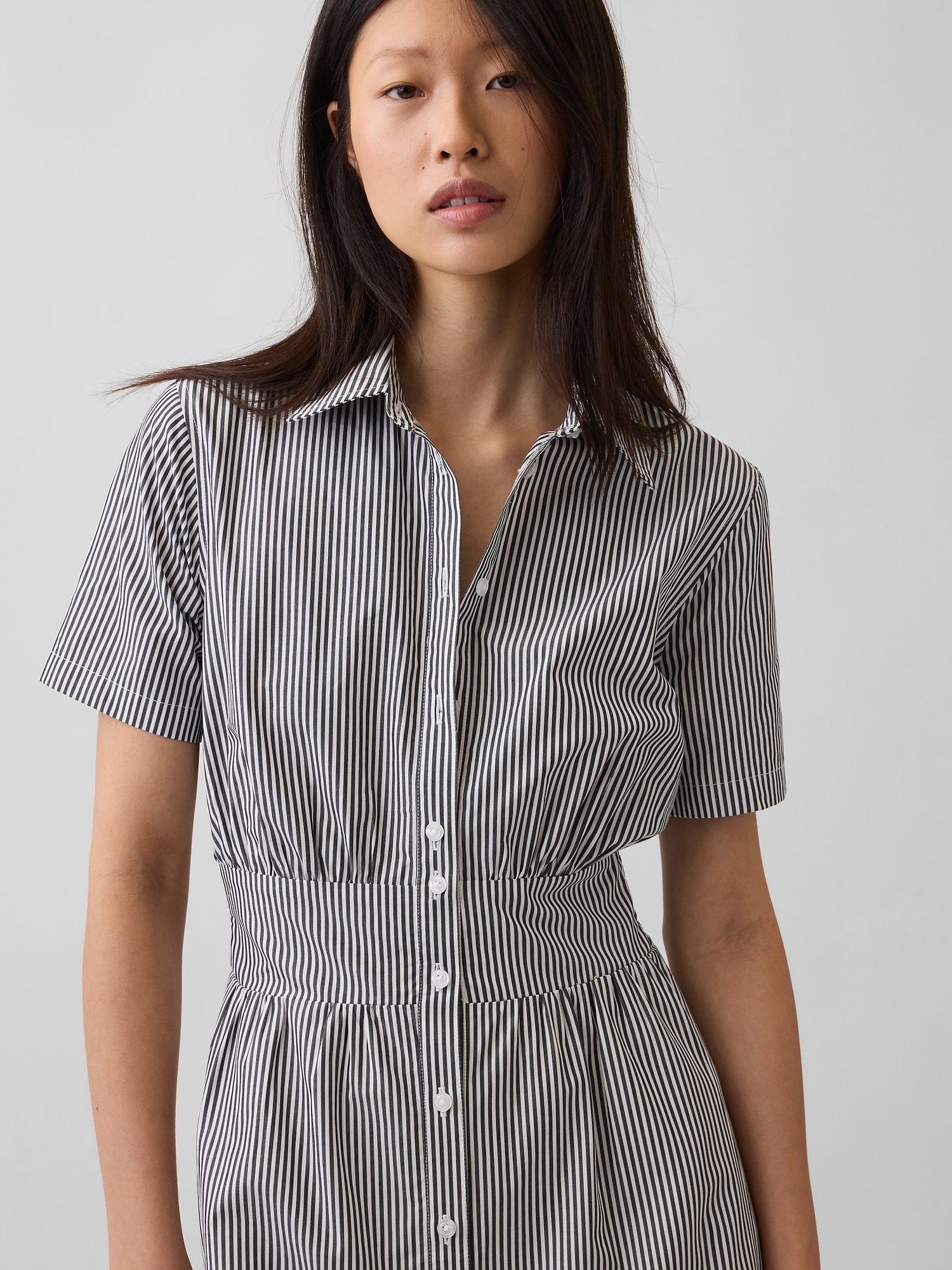Poplin Smocked-Waist Maxi Shirtdress