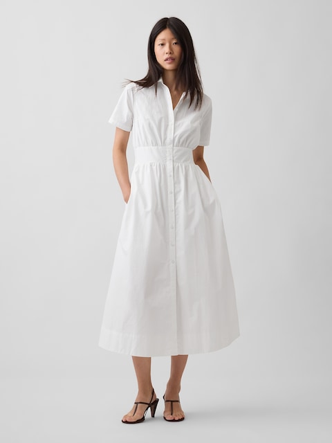 Poplin Smocked-Waist Maxi Shirtdress