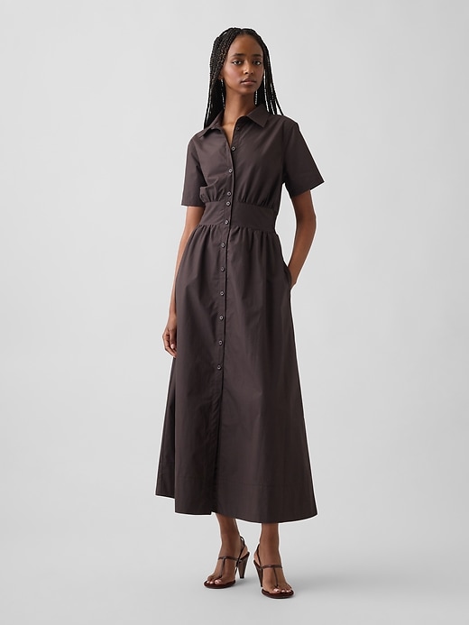 L'image numéro 1 présente Robe chemisier longue à taille smockée en popeline
