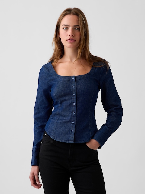 HAUT EN DENIM À ENCOLURE DÉGAGÉE