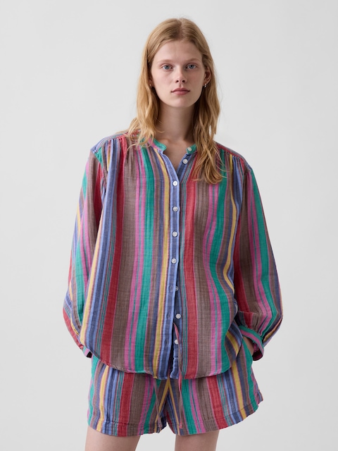 Cotton Gauze Oversized Collarless Shirt