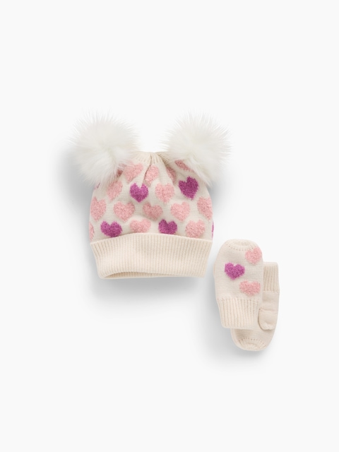 ENSEMBLE BONNET ET MITAINES À POMPON POUR BÉBÉ ET TOUT-PETIT
