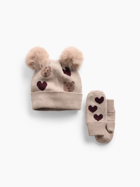 ENSEMBLE BONNET ET MITAINES À POMPON POUR BÉBÉ ET TOUT-PETIT