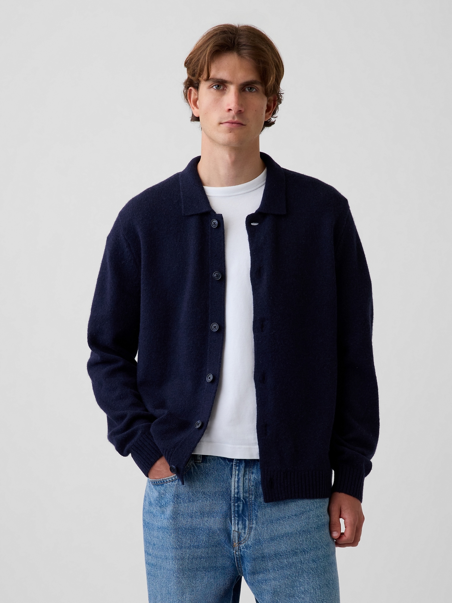 Relaxed Polo Shirt Cardigan Sweater
