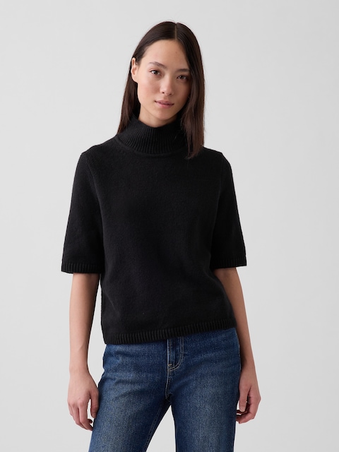 CashSoft Mockneck Elbow-Sleeve Sweater