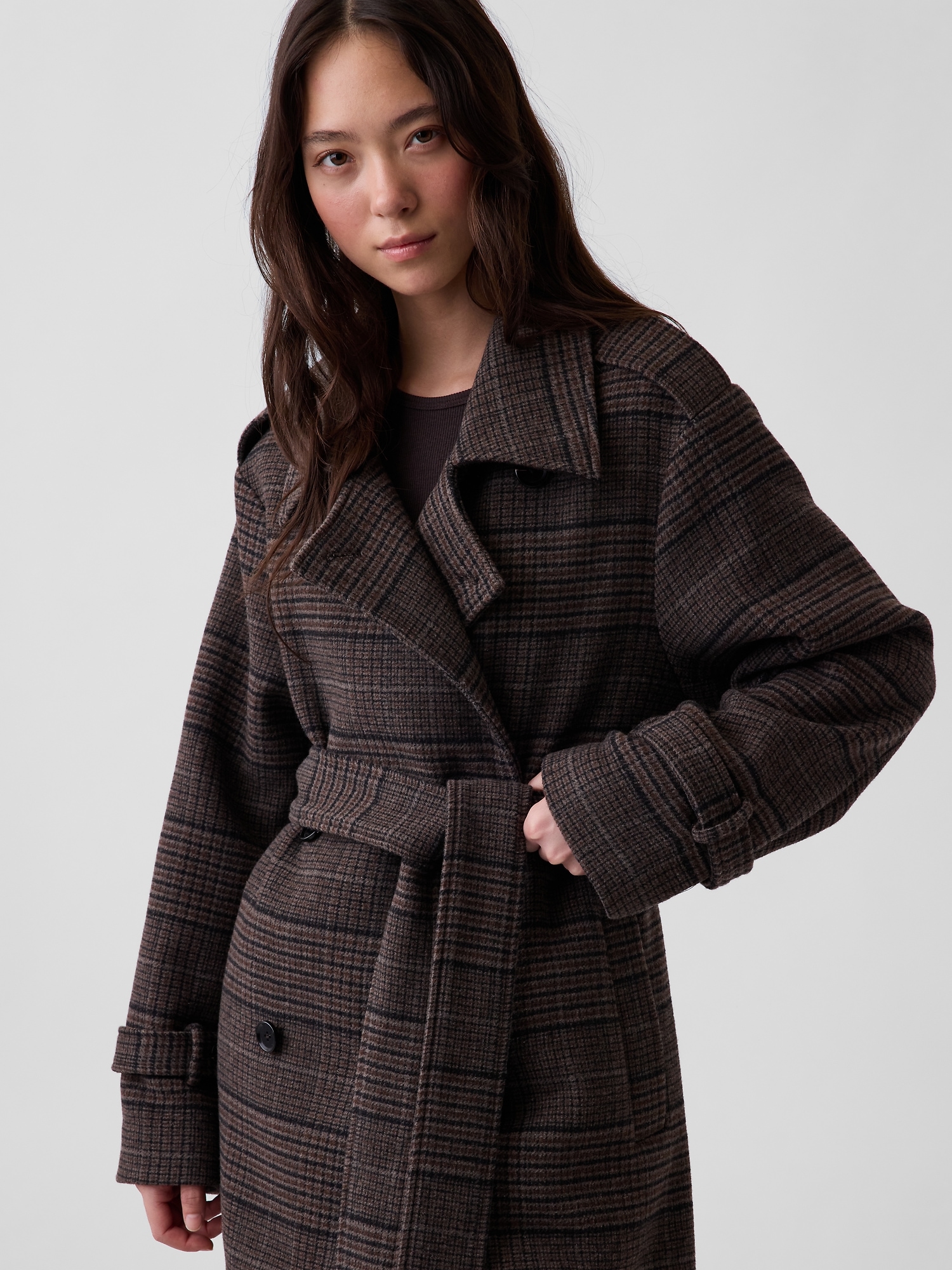 Wool-Blend Plaid Trench Coat