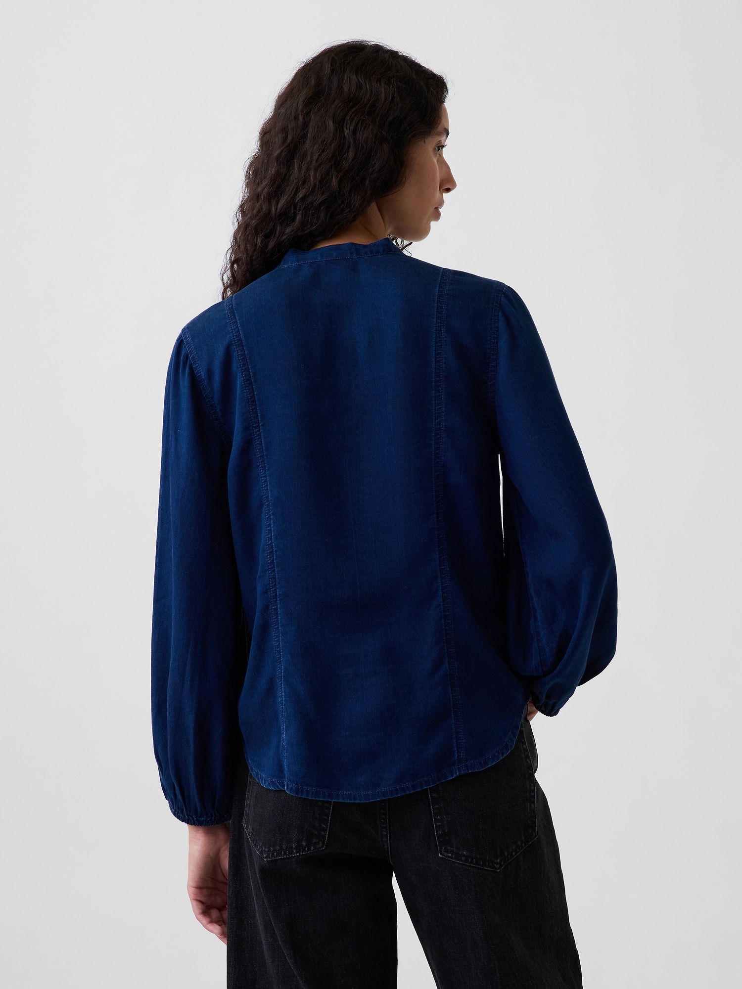 Denim Seamed Tie-Neck Shirt