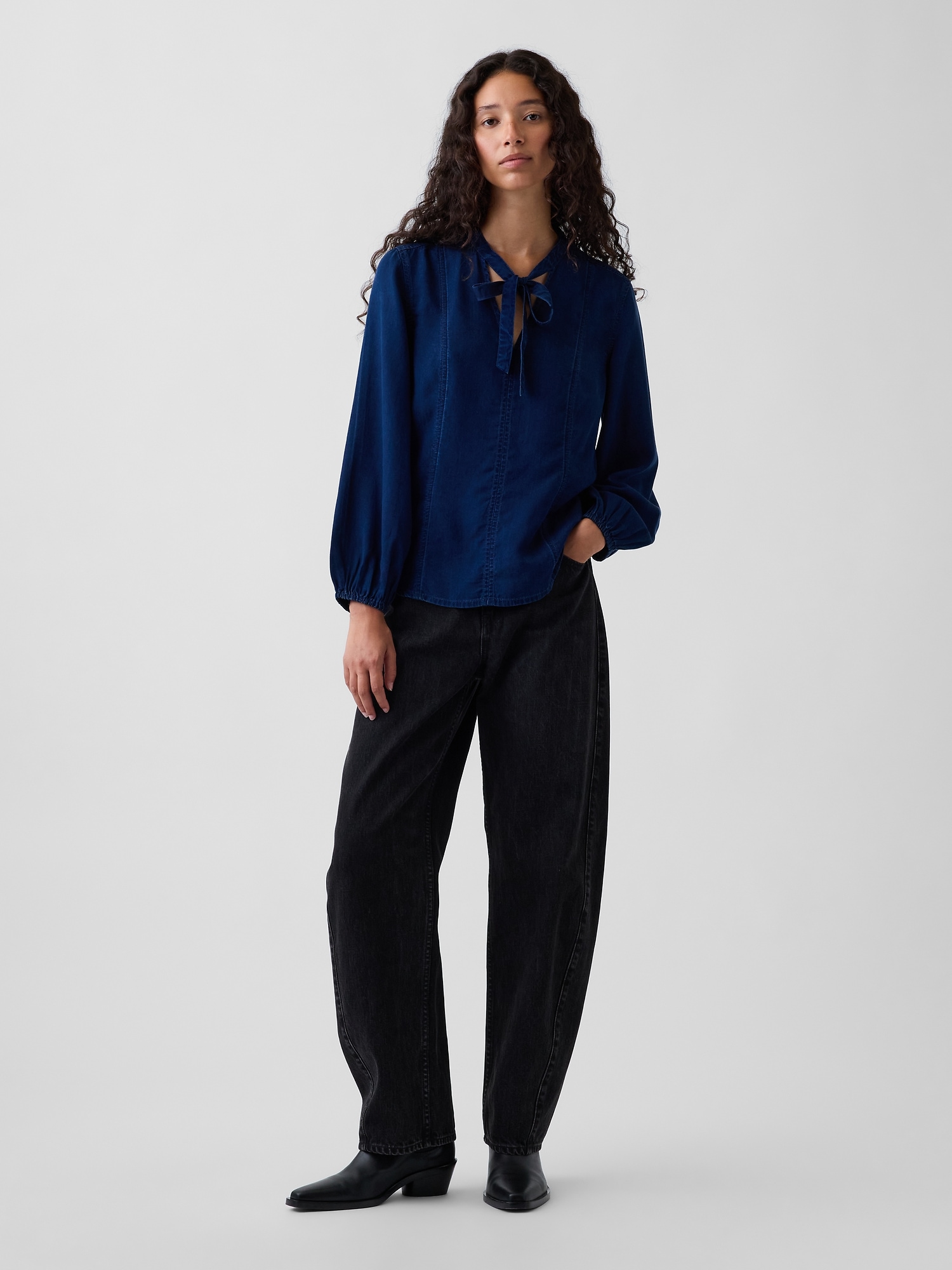 Denim Seamed Tie-Neck Shirt