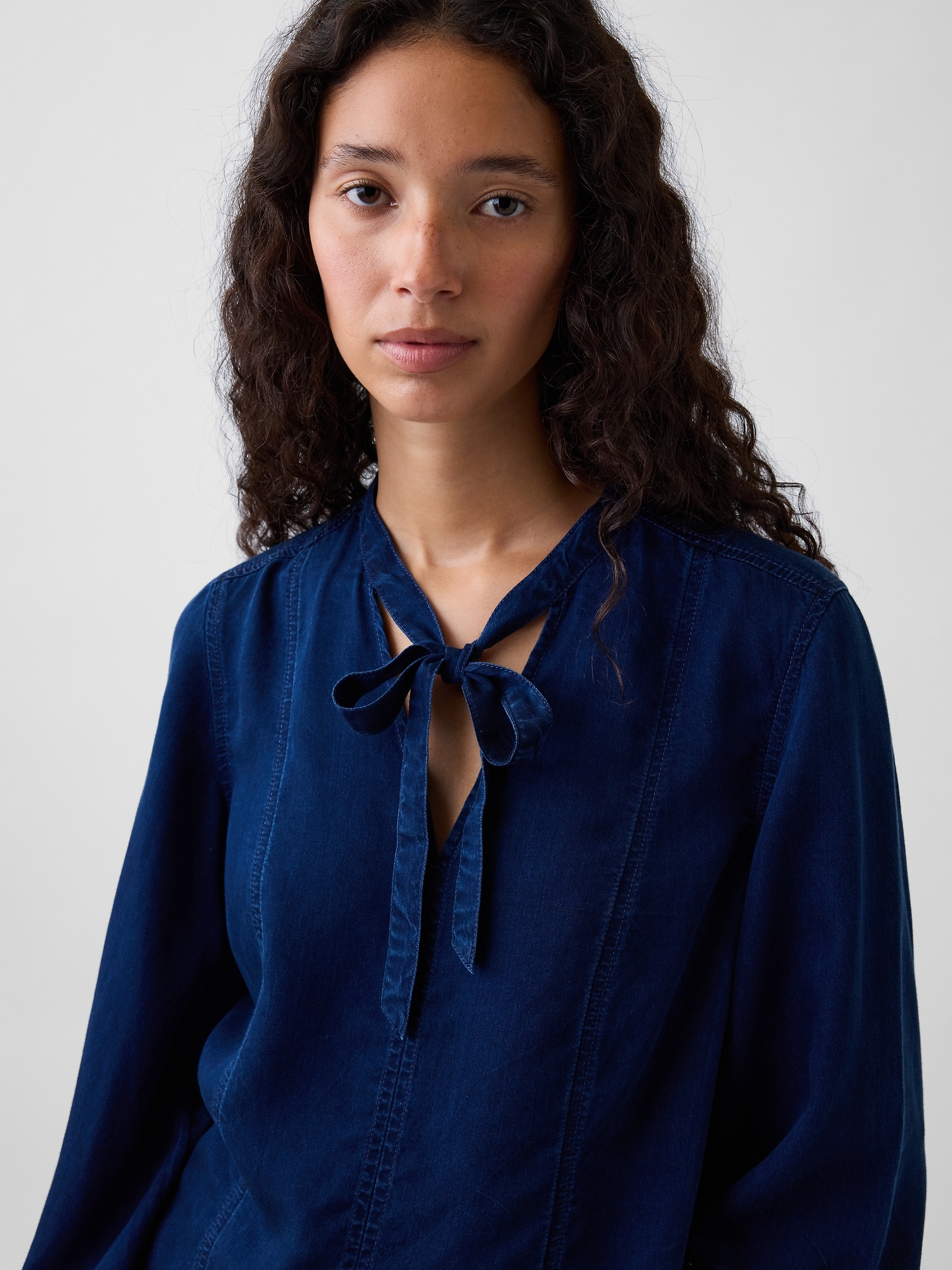 Denim Seamed Tie-Neck Shirt