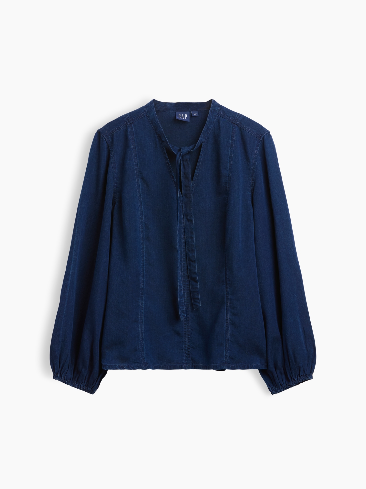 Denim Seamed Tie-Neck Shirt