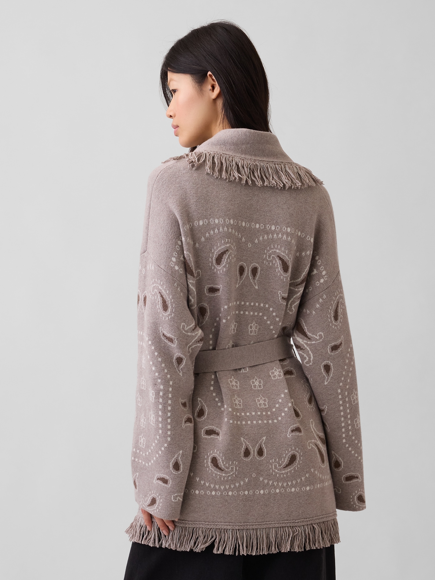 Cotton-Blend Fringe Shawl Cardigan