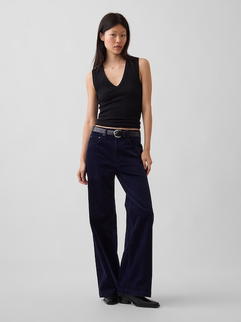 PANTALON SPORTIF TAILLE HAUTE À JAMBE LARGE EN VELOURS CÔTELÉ