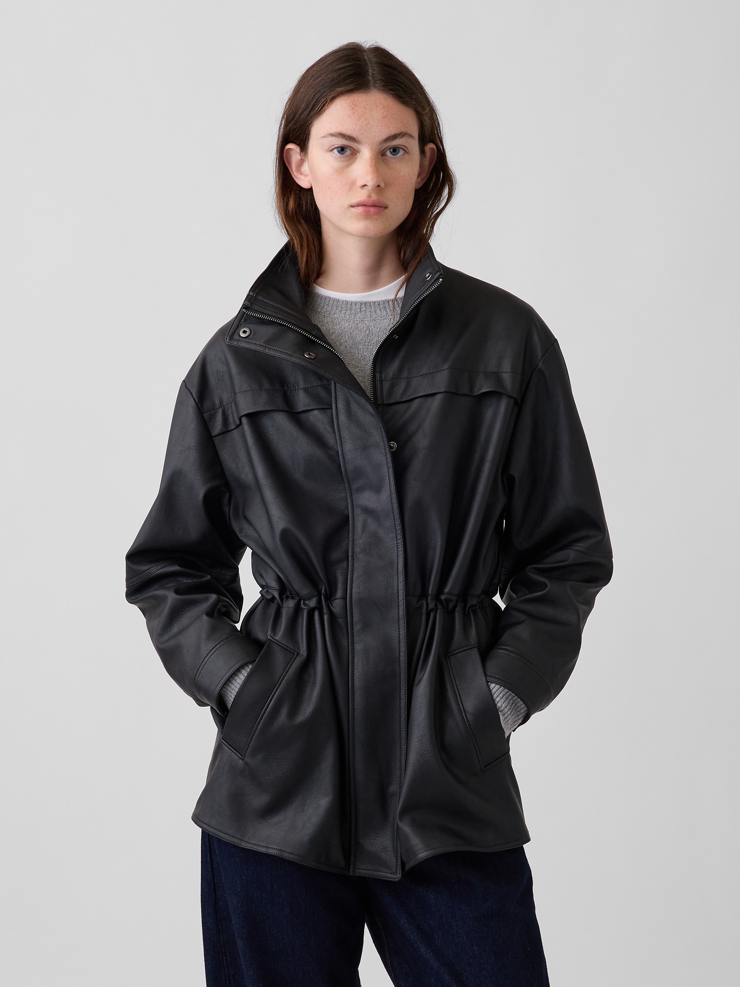 Cinched Vegan Leather Jacket