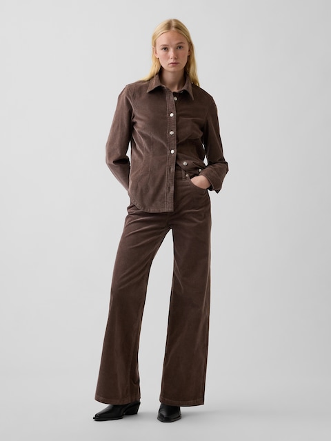 PANTALON SPORTIF TAILLE HAUTE À JAMBE LARGE EN VELOURS CÔTELÉ