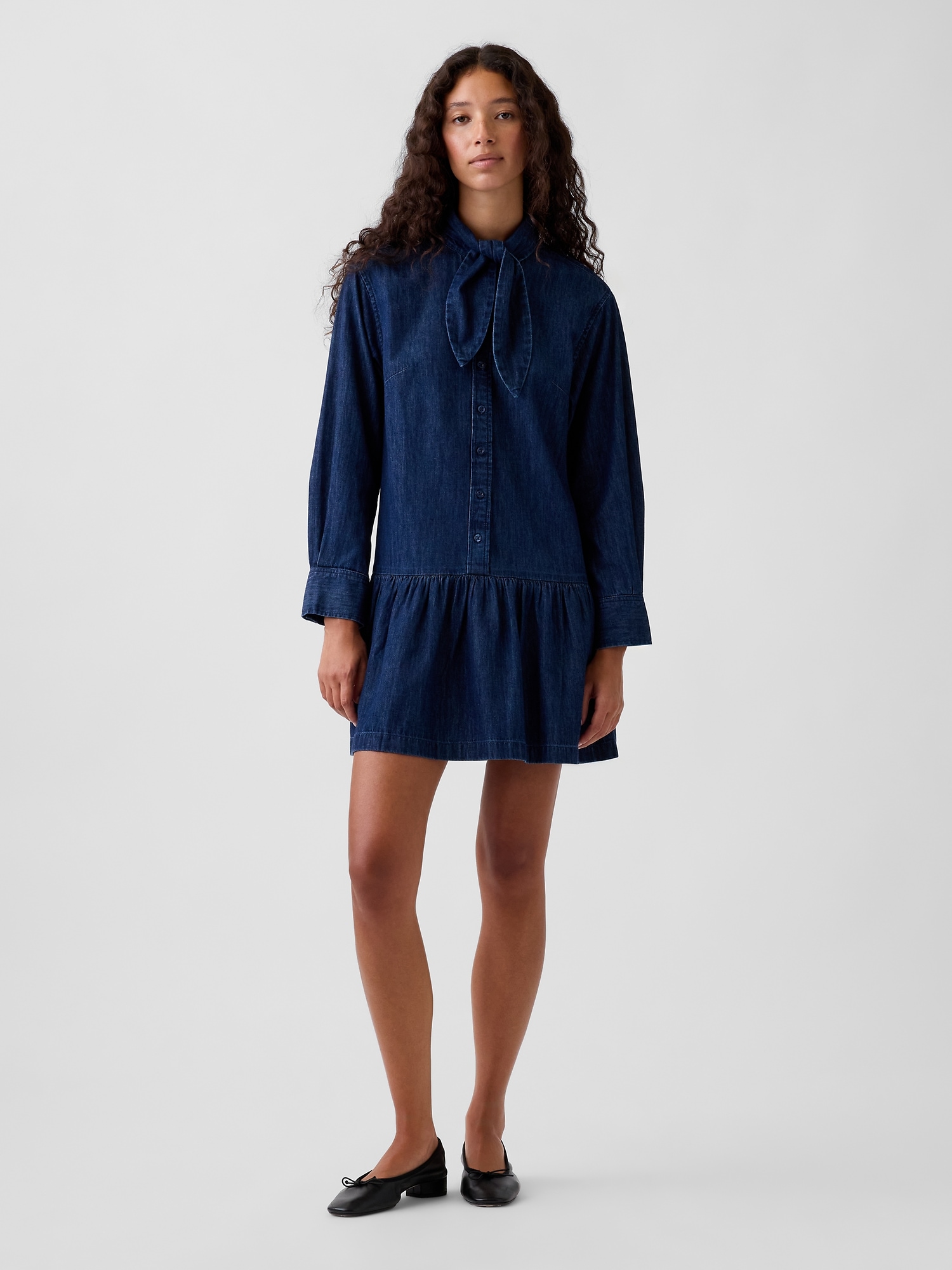 Denim Tie-Neck Mini Shirtdress