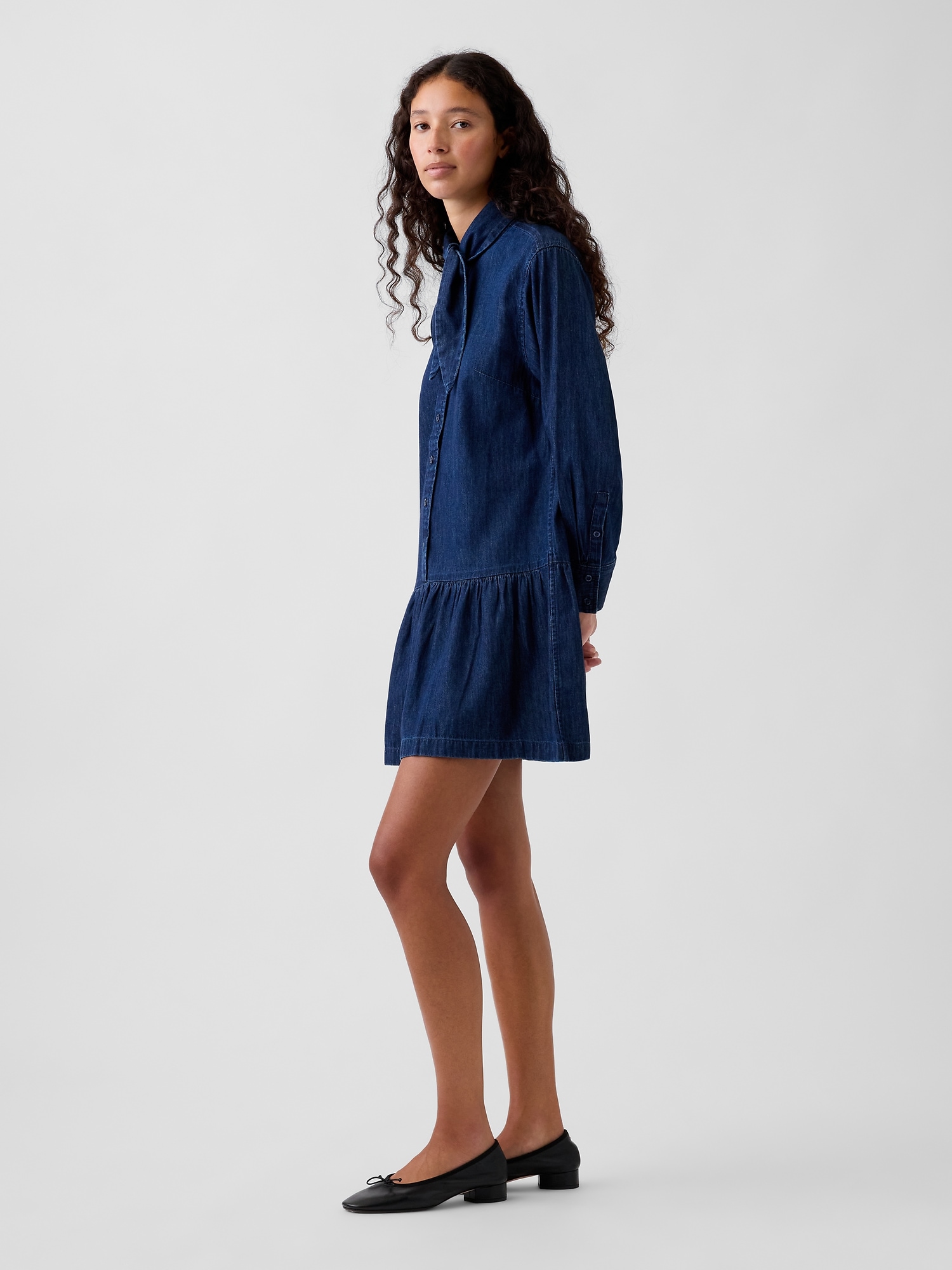 Denim Tie-Neck Mini Shirtdress