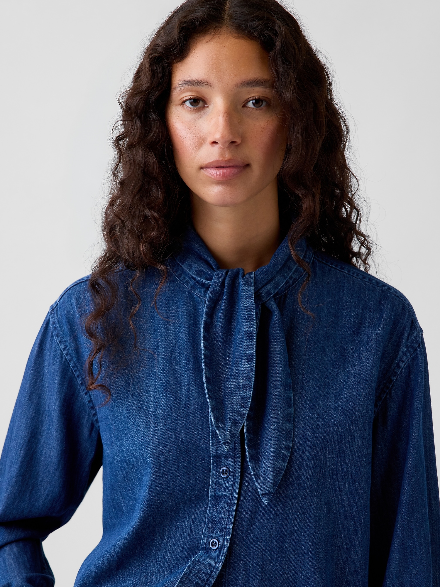 Denim Tie-Neck Big Shirt