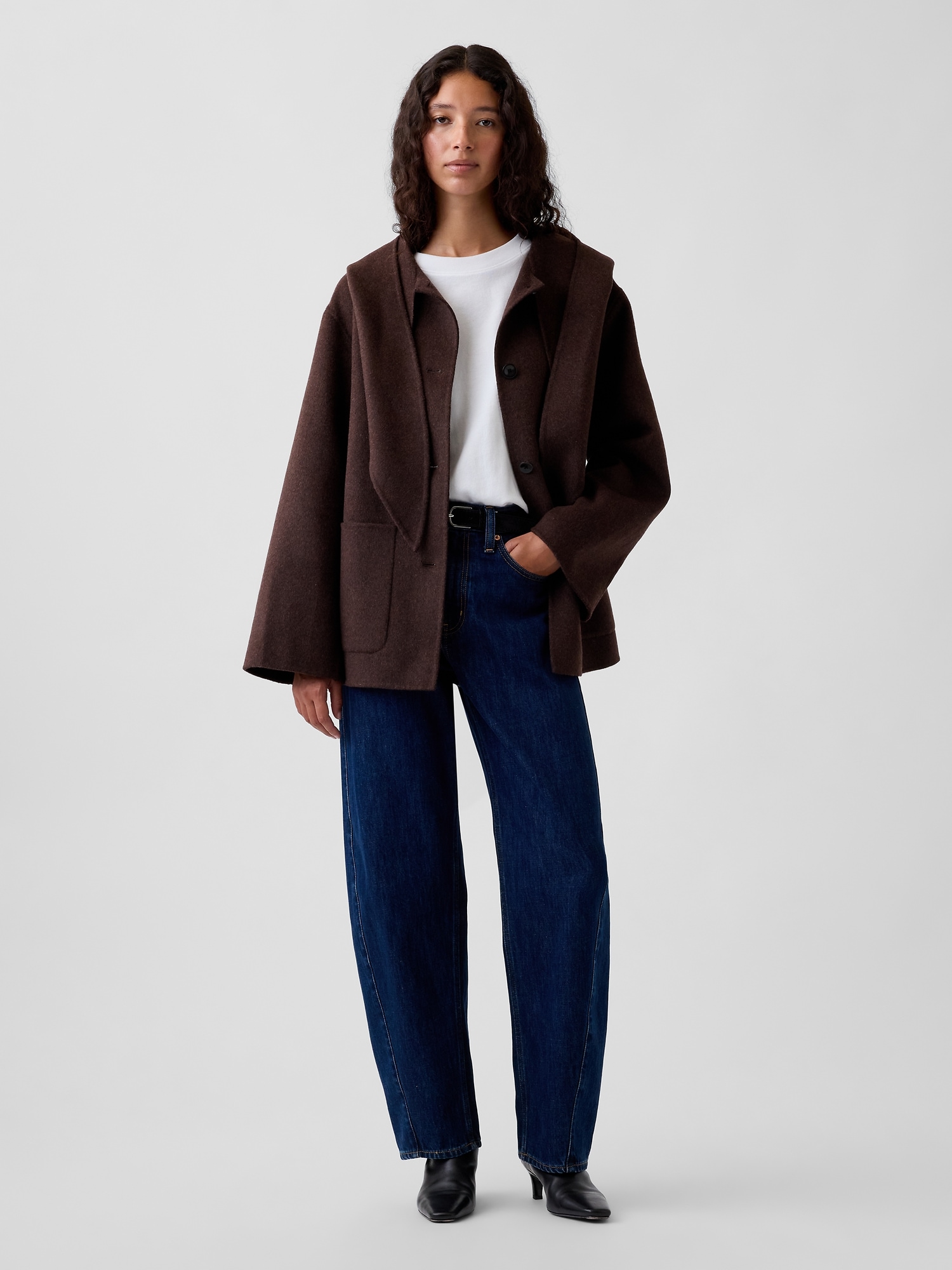 Wool-Blend Hooded Tie-Neck Coat