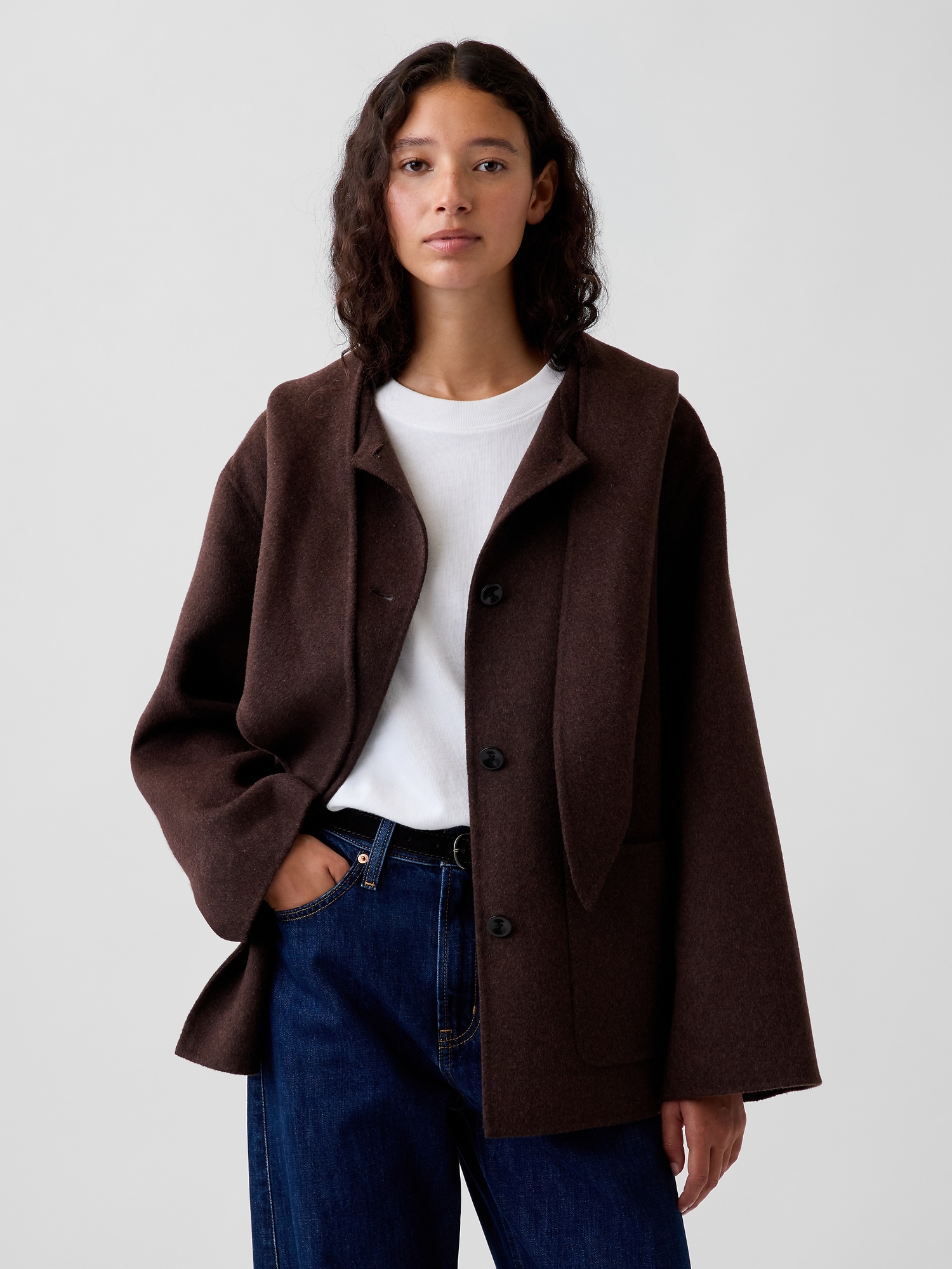 Wool-Blend Hooded Tie-Neck Coat