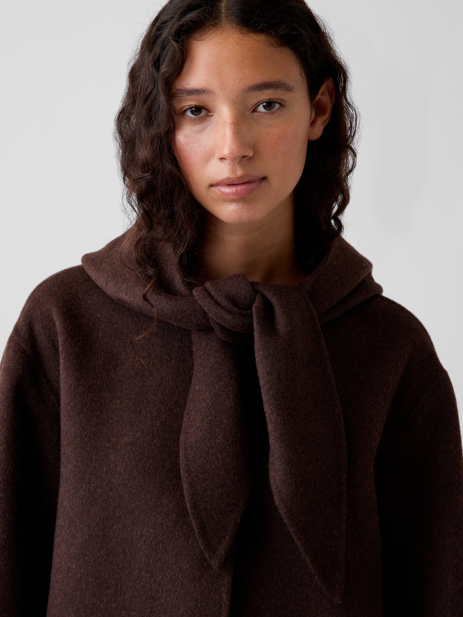 Wool-Blend Hooded Tie-Neck Coat