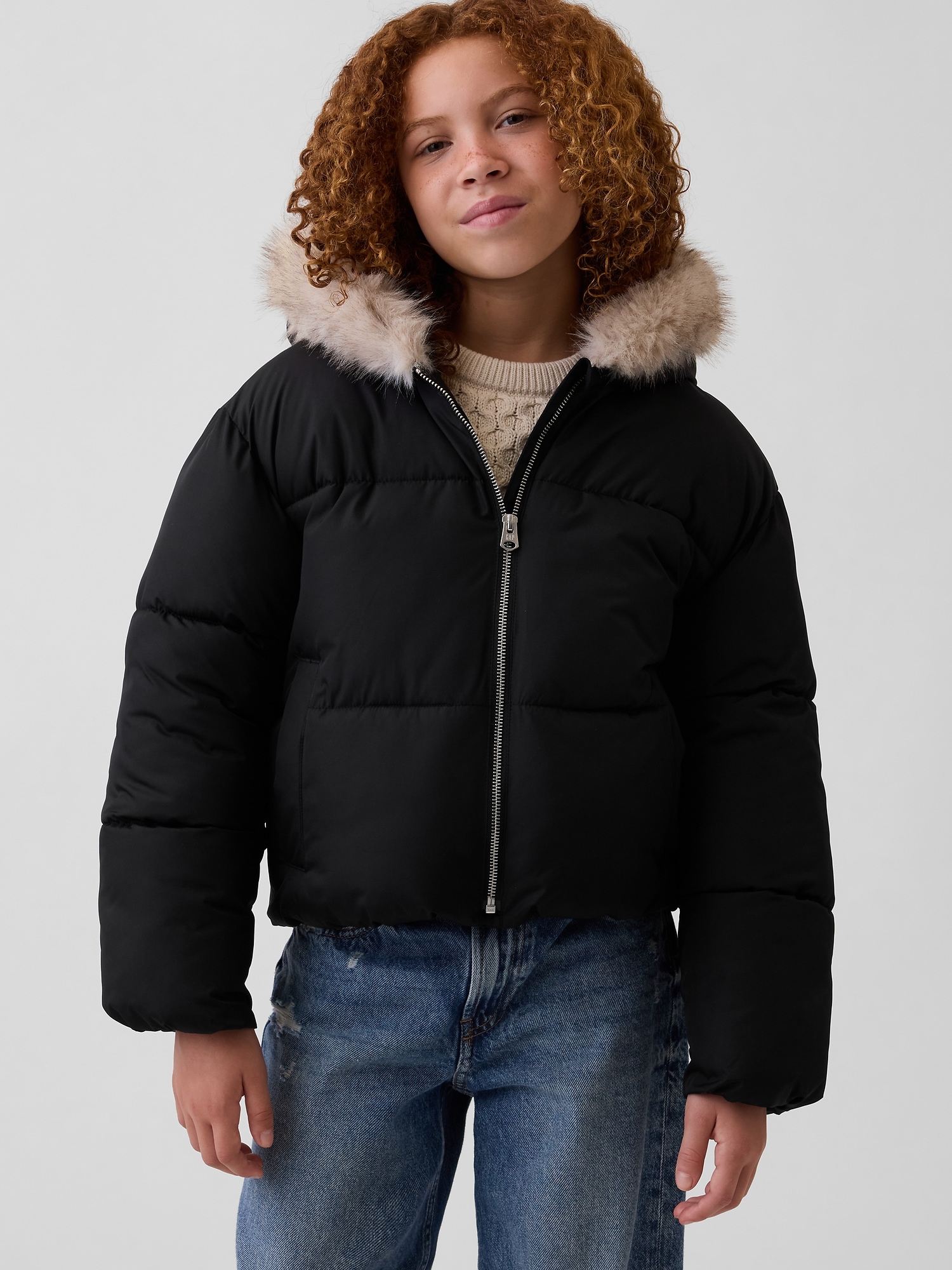 Kids Faux Fur Hooded Puffer Jacket