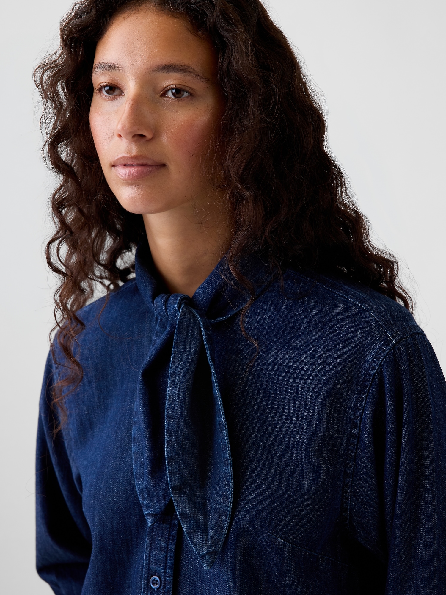 Denim Tie-Neck Mini Shirtdress