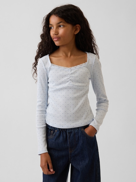 T-SHIRT CÔTELÉ À DÉCOLLETÉ EN CŒUR À GARNITURE EN DENTELLE POUR ENFANT