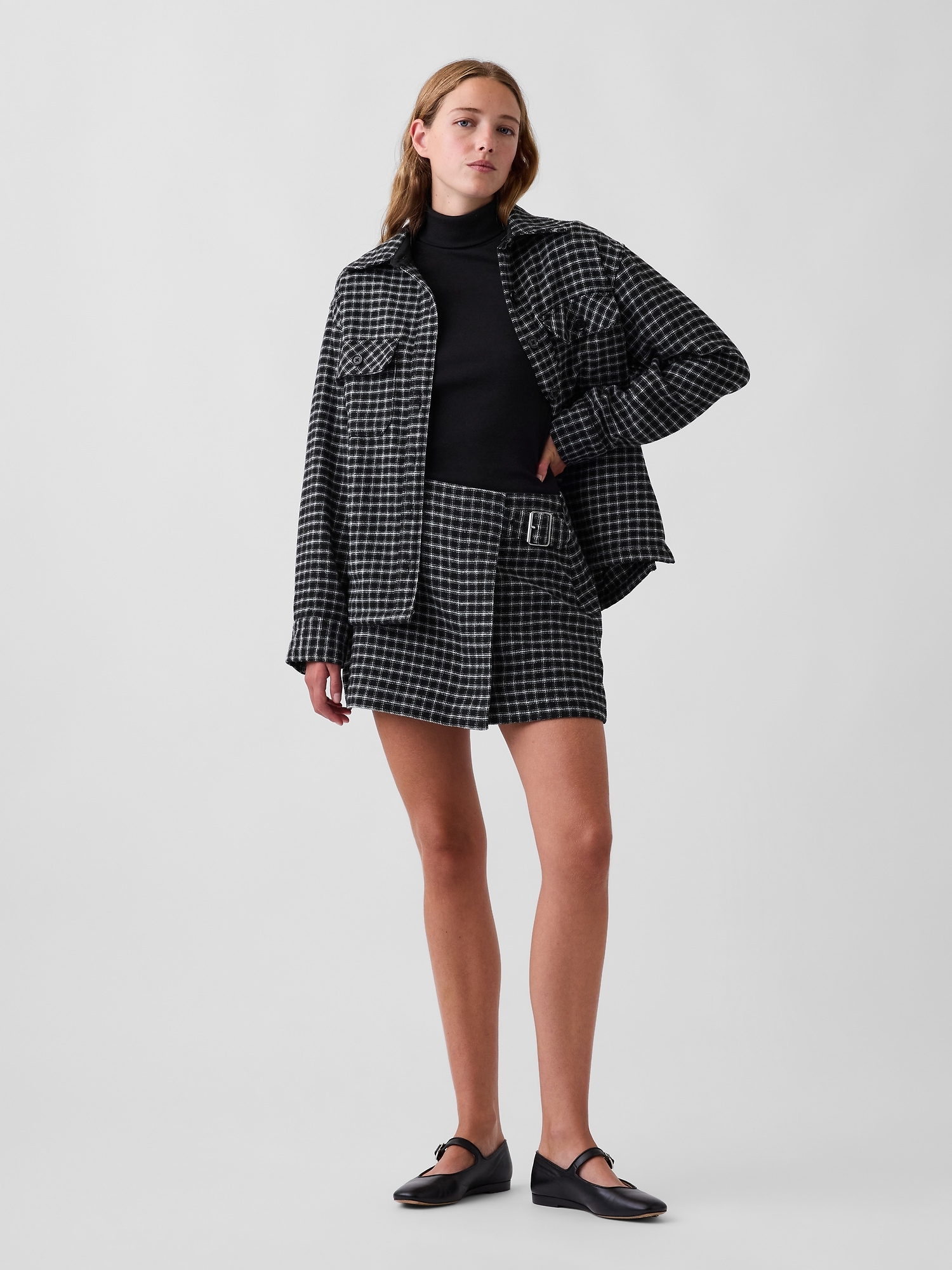 Wool-Blend Plaid Belted Mini Skort