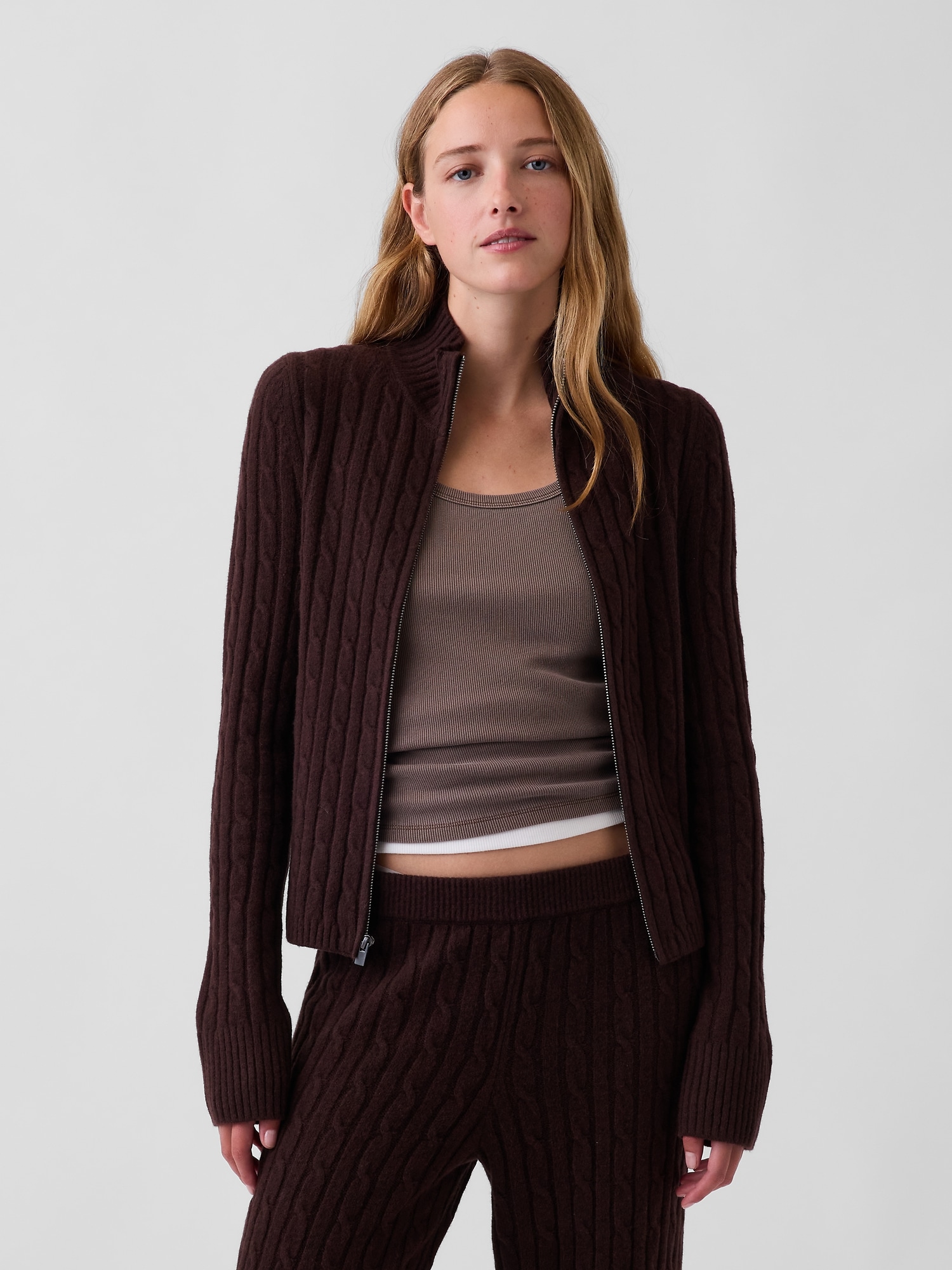 CashSoft Cable-Knit Zip Cardigan