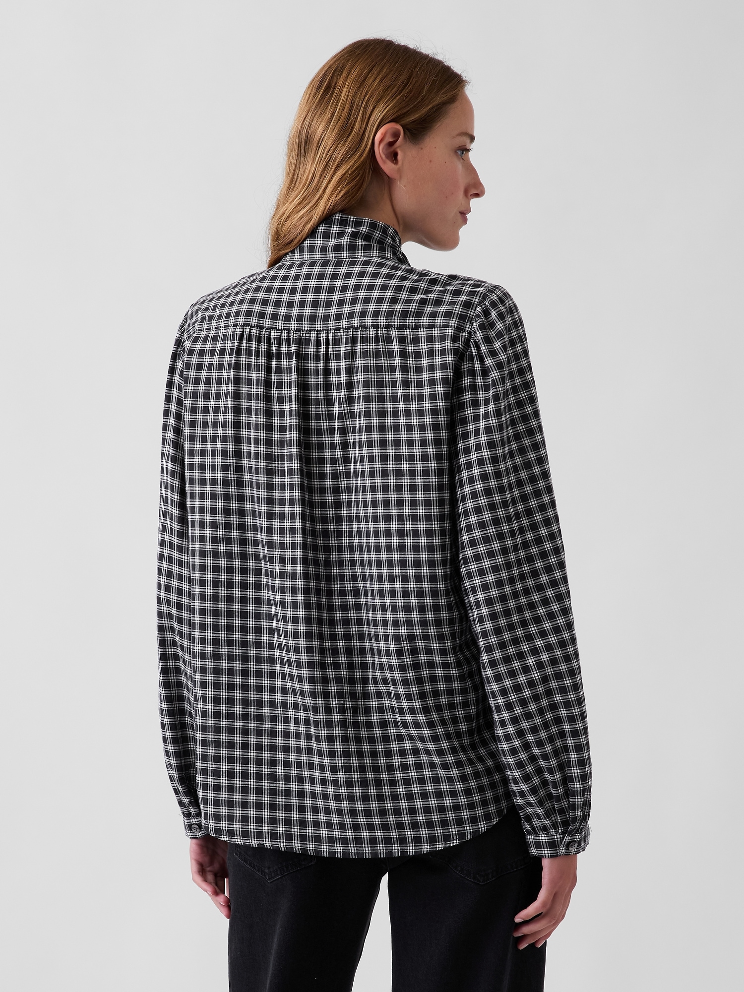Plaid Tie-Neck Shirt