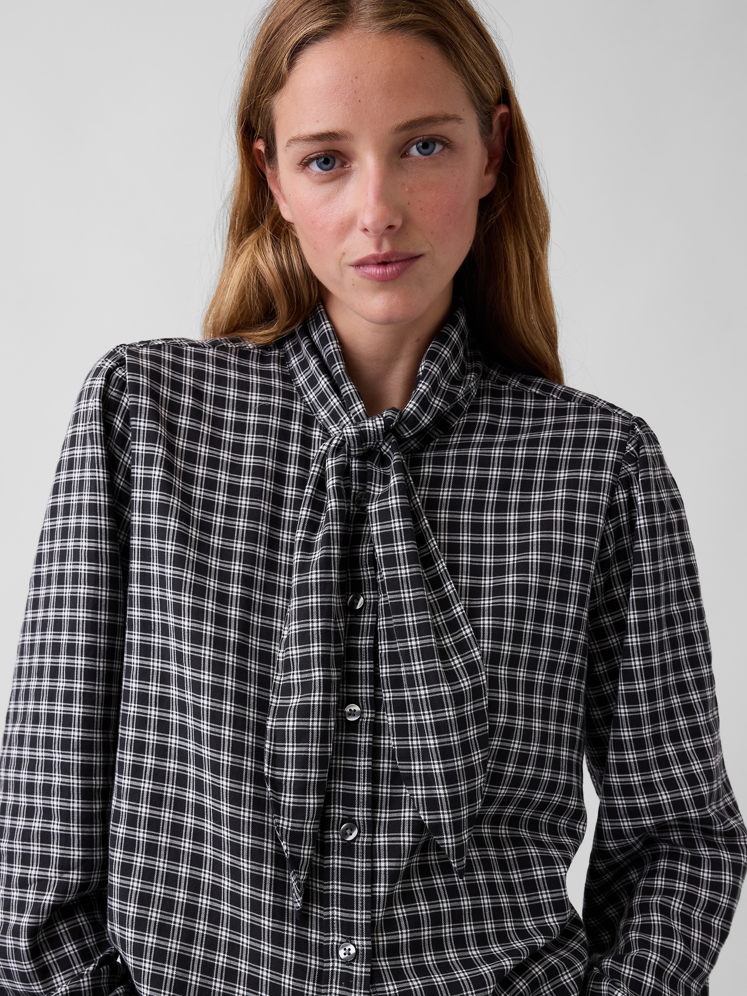 Plaid Tie-Neck Shirt