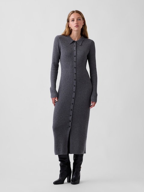 ROBE CHEMISIER LONGUE EN TRICOT CÔTELÉ EFFET CACHEMIRE