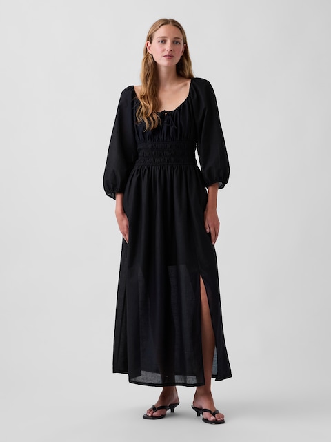 ROBE LONGUE EN VOILE À TAILLE SMOCKÉE