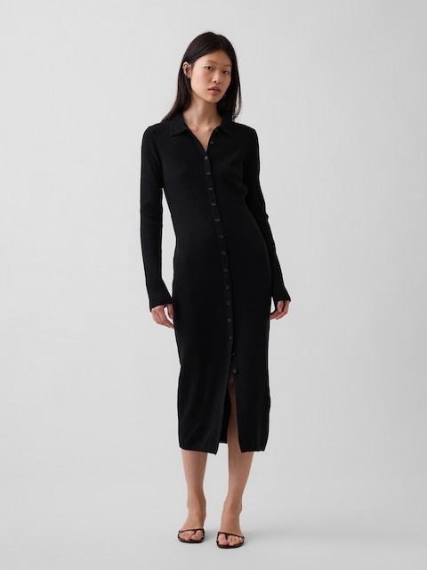 ROBE CHEMISIER LONGUE EN TRICOT CÔTELÉ EFFET CACHEMIRE