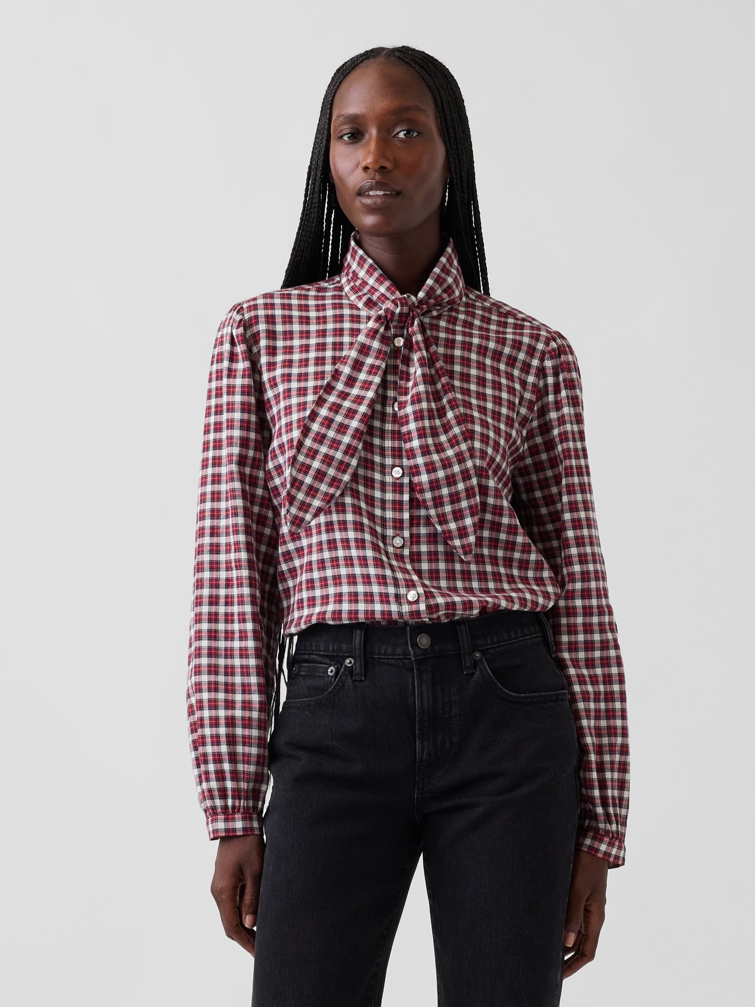 Plaid Tie-Neck Shirt