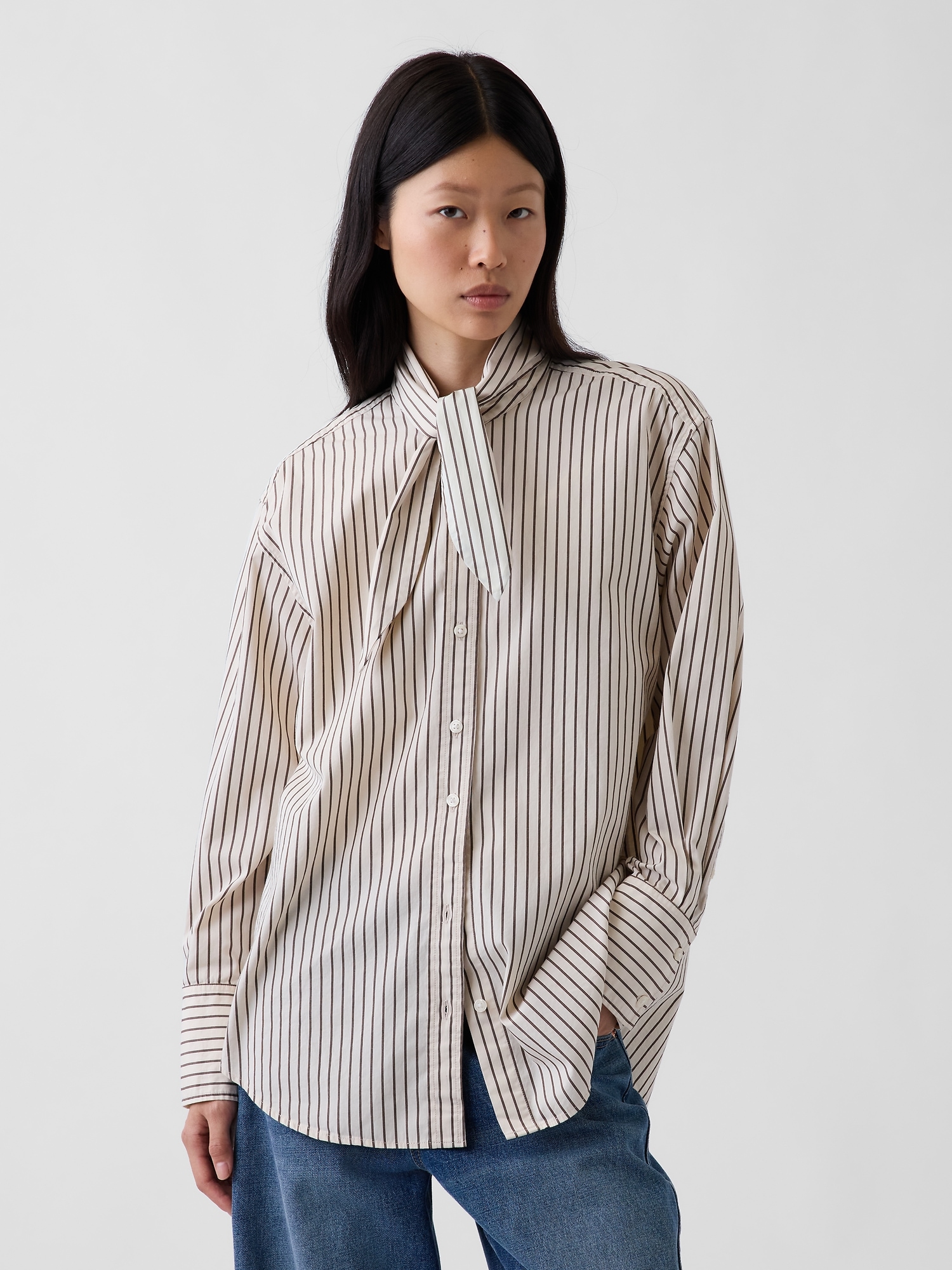 Organic Cotton Poplin Tie-Neck Big Shirt