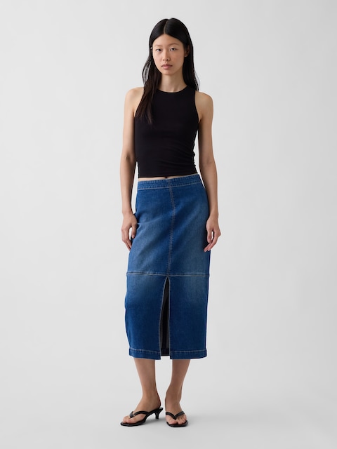 Denim Seamed Midi Pencil Skirt