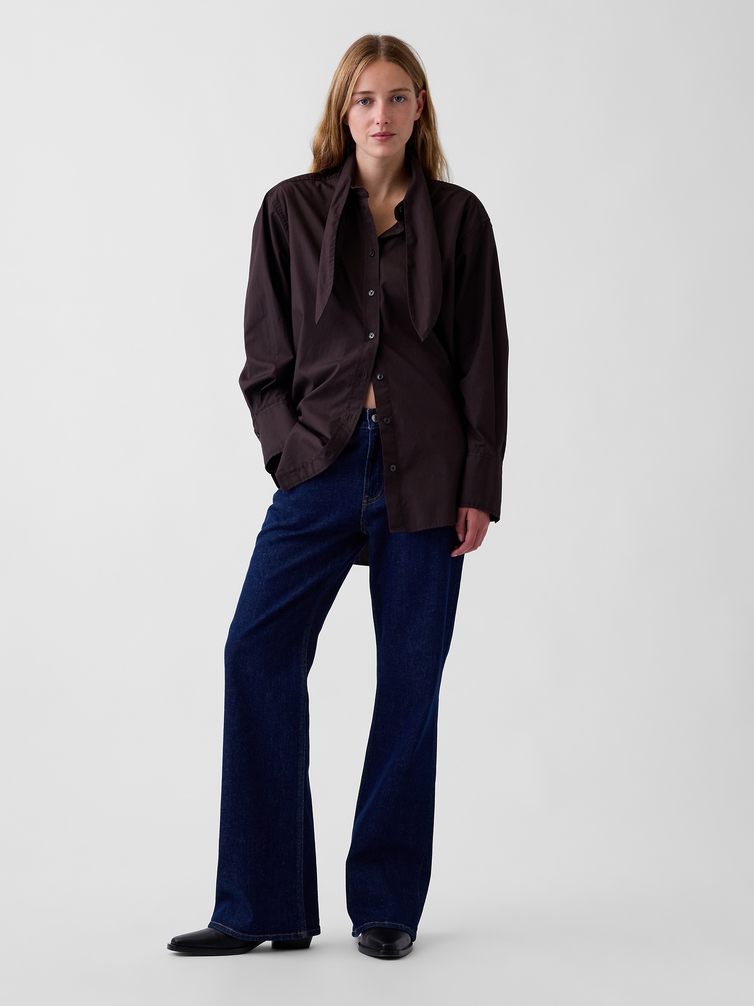 Organic Cotton Poplin Tie-Neck Big Shirt