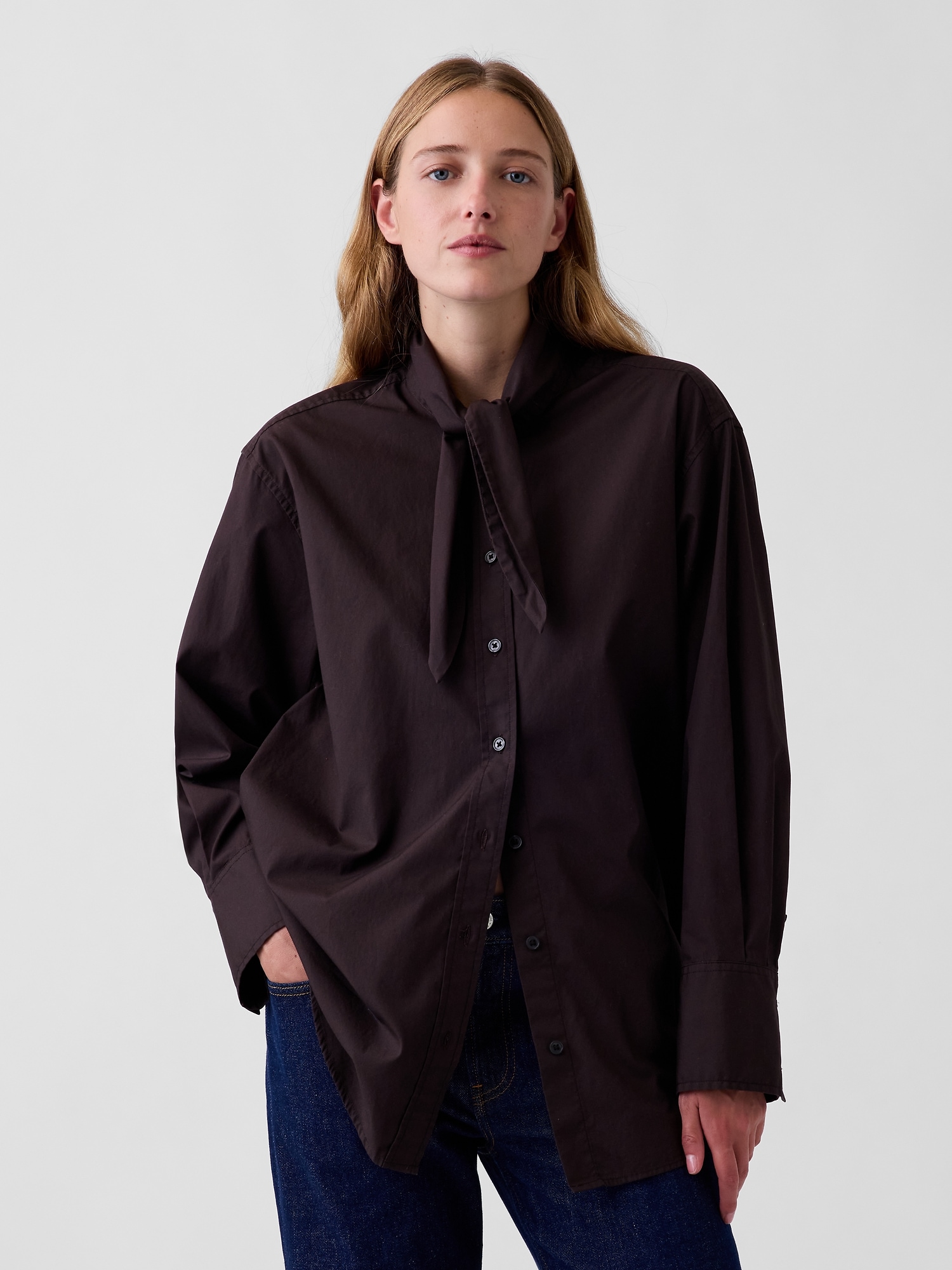 Organic Cotton Poplin Tie-Neck Big Shirt