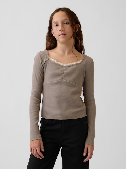 T-SHIRT CÔTELÉ À DÉCOLLETÉ EN CŒUR À GARNITURE EN DENTELLE POUR ENFANT