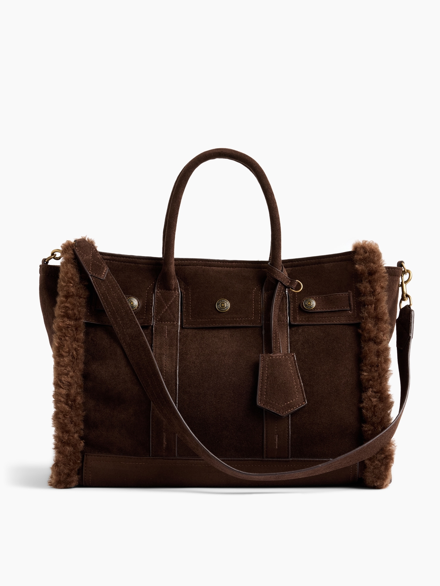 Sherpa-Lined Vegan Suede Five Pocket Tote