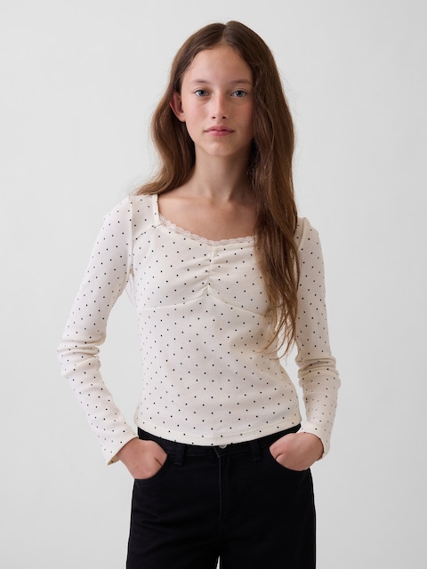 T-SHIRT CÔTELÉ À DÉCOLLETÉ EN CŒUR À GARNITURE EN DENTELLE POUR ENFANT