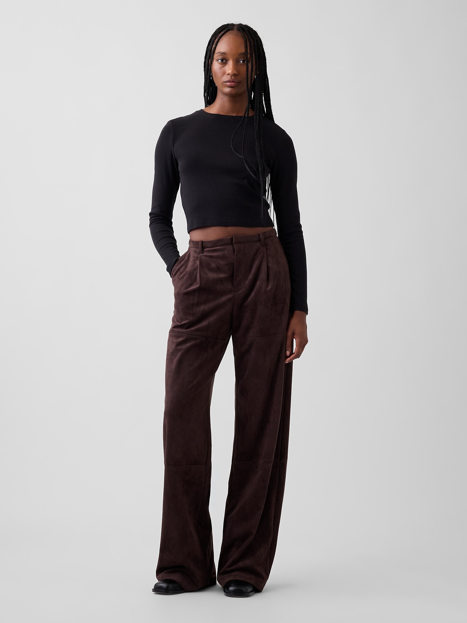 Vegan Suede Pleated Wide-Leg Pants
