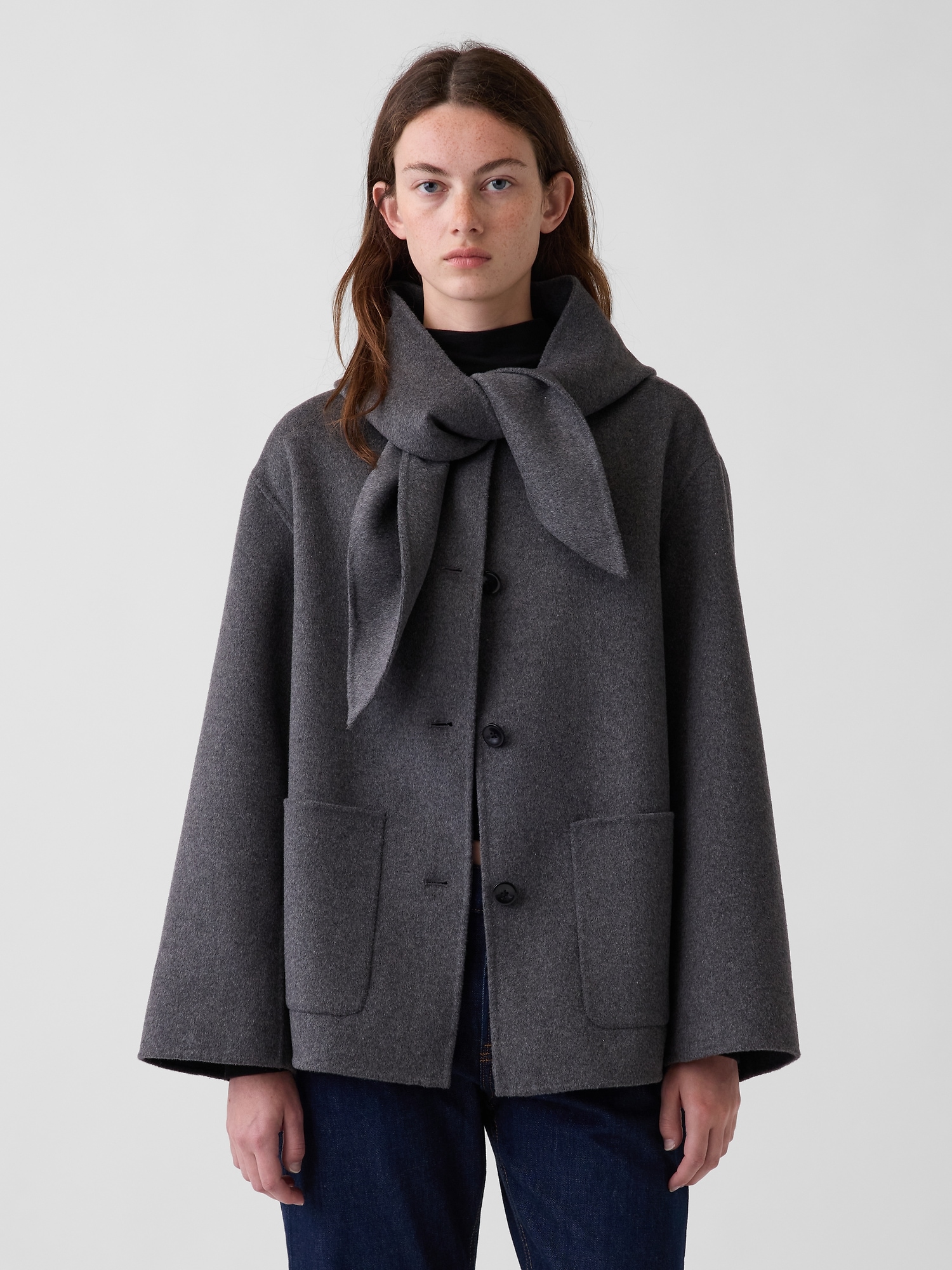Wool-Blend Hooded Tie-Neck Coat