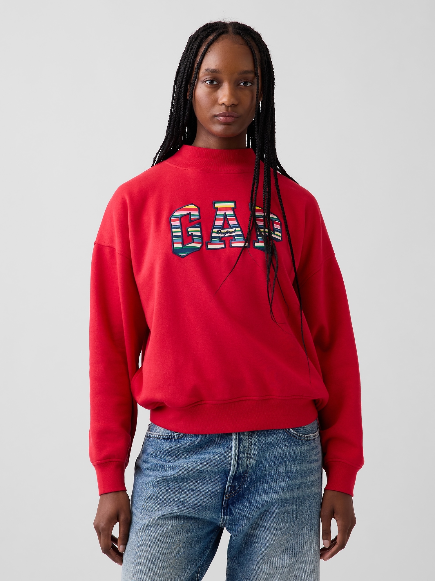 VintageSoft Oversized Happy Stripe Logo Mockneck Sweatshirt