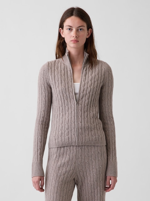 CashSoft Cable-Knit Zip Cardigan