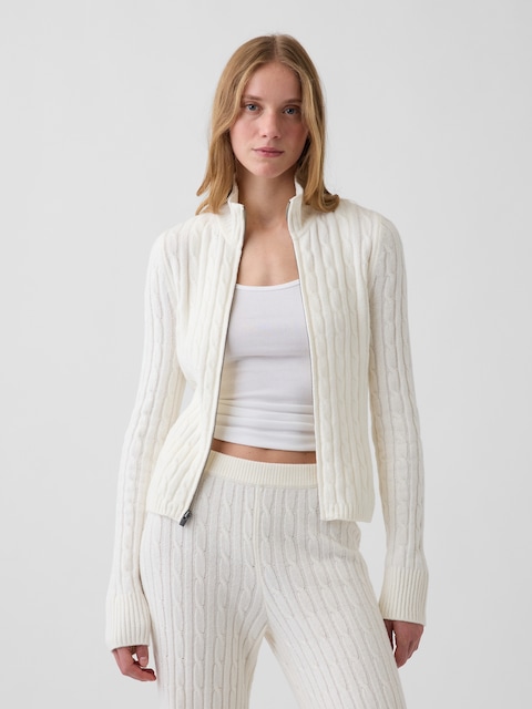 CashSoft Cable-Knit Zip Cardigan